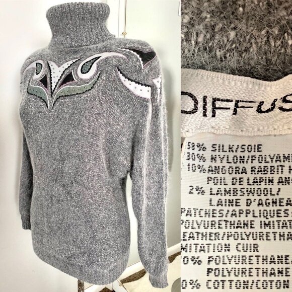 Vintage Turtleneck Sweater Silk Angora Lambswool M Gray Embroidered Beaded - Picture 2 of 10